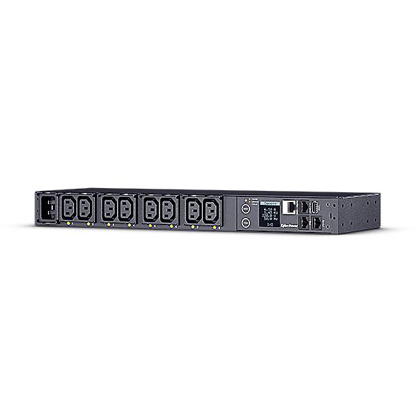 Un'unità di distribuzione dell'energia (PDU) nera con più prese e un display digitale che mostra la distribuzione dell'elettricità.