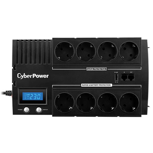 Multipresa UPS nera CyberPower con otto prese, display LCD, porte Ethernet e relativa etichetta.