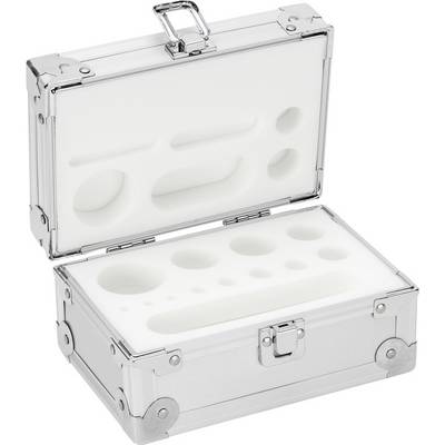 Una valigia d'argento con il coperchio aperto, mostra ritagli di schiuma bianca su misura per strumenti delicati.