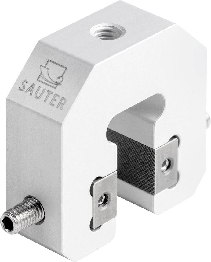 Custodia metallica a U argentata con filettature e la scritta 'SAUTER', utilizzata per applicazioni tecniche.