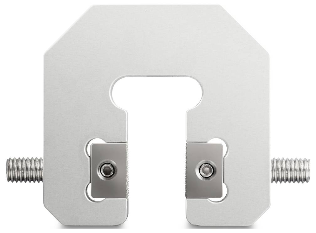 Un pezzo di metallo argentato con due viti sui lati, che funge da supporto o morsetto.