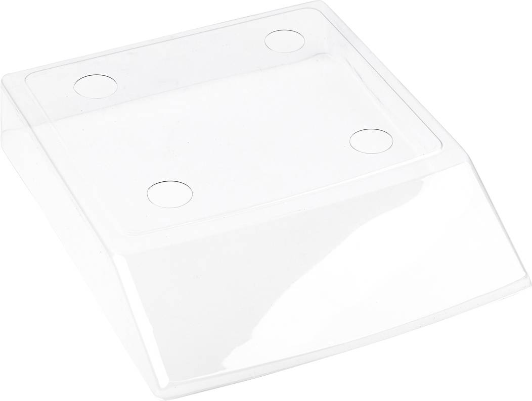 Coperchio trasparente in plastica con quattro piccoli cerchi sulla superficie superiore, presumibilmente supporti.
