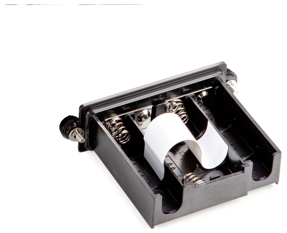 Un supporto per batterie vuoto e aperto, realizzato in plastica nera, mostrato con le molle metalliche visibili e privo di batterie.