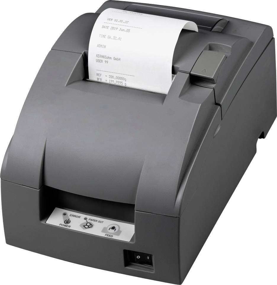 Stampante per ricevute con carta stampata; mostra data, ora e dati della transazione. La stampante si trova in un ufficio o in un ambiente commerciale.