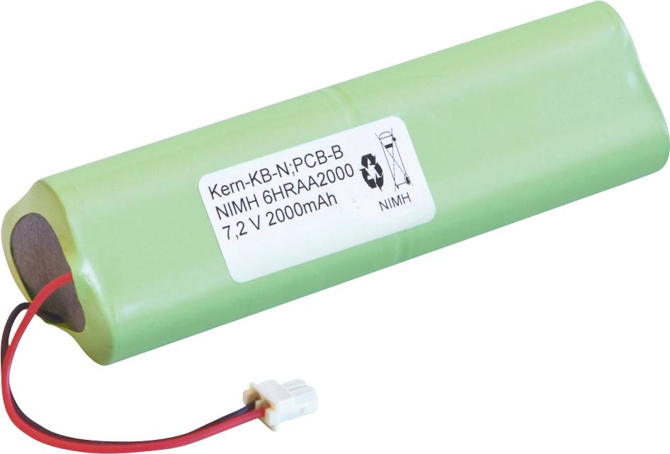 Batteria Grüner 7,2V 2000mAh NiMH con cavo e connettore. Testo sulla batteria: 'Kern-KB-N-PCB-B NIMH 6HR-AA2000'.