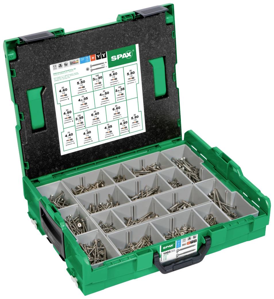 Contenitore verde con scomparti specializzati, riempito con viti di diverso tipo. In alto è presente una tabella riepilogativa delle viti.