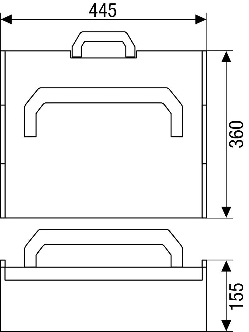 Diagramma tecnico di una padella rettangolare con misure: larghezza 445 mm, altezza 360 mm, profondità 155 mm, comprensiva di manico.