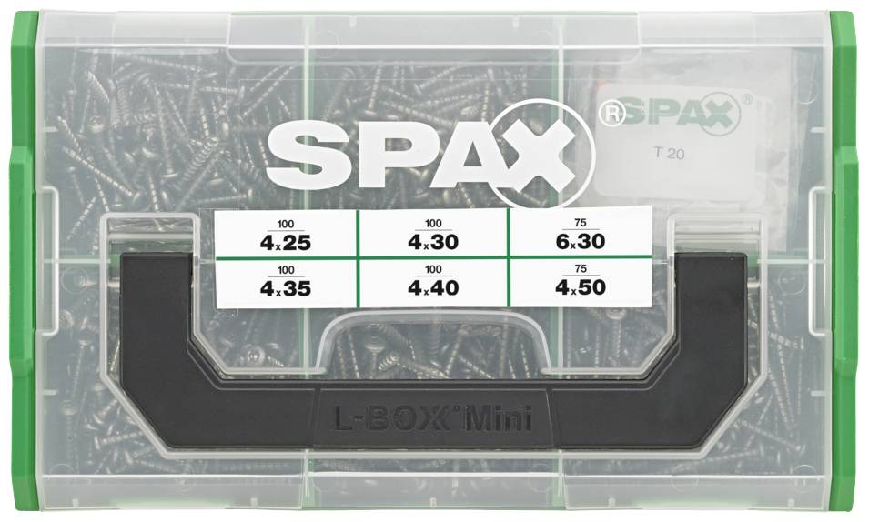 Una scatola di plastica verde con coperchio trasparente, riempita con viti Spax di varie dimensioni e scritta L-BOXX Mini.
