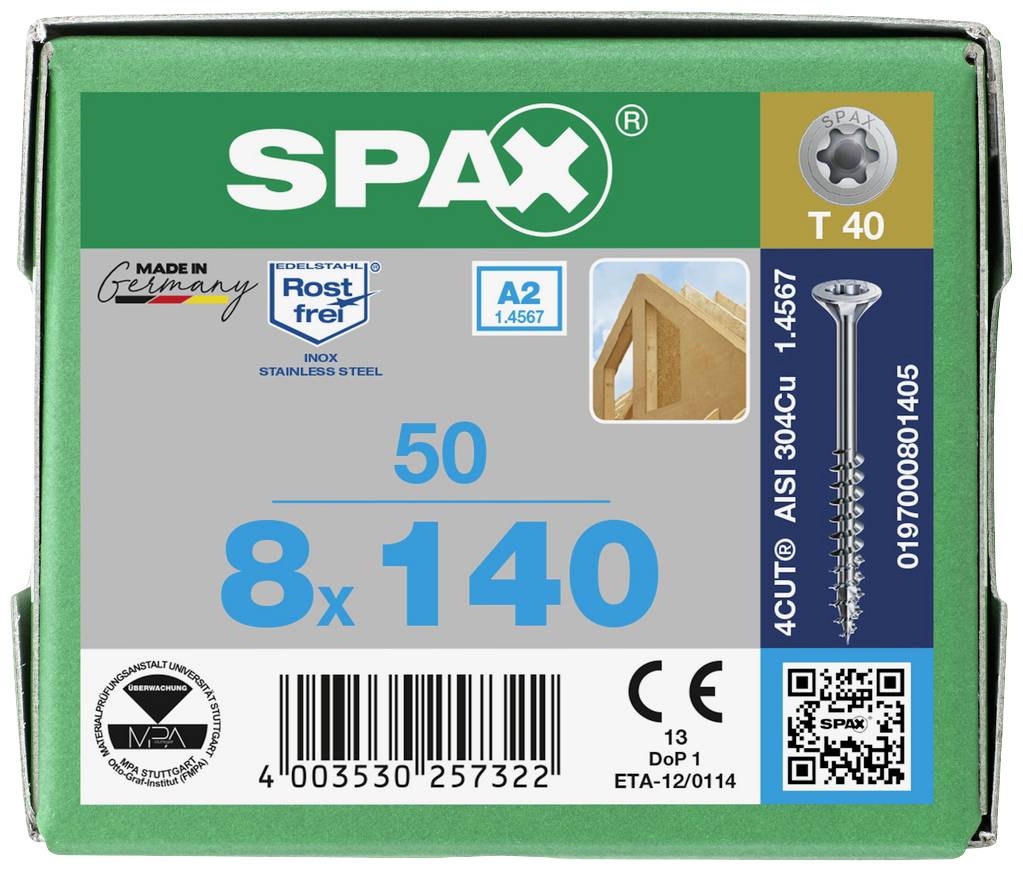 Una confezione di viti SPAX con dimensioni 8x140 mm, in acciaio inossidabile, Inox, con impronta T40, per costruzioni in legno. Marchi CE ed ETA visibili.