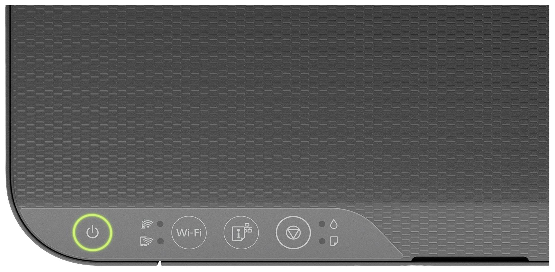 L'immagine mostra il lato anteriore di un dispositivo elettronico con diversi simboli, tra cui quelli per l'alimentazione, il Wi-Fi e l'inchiostro.