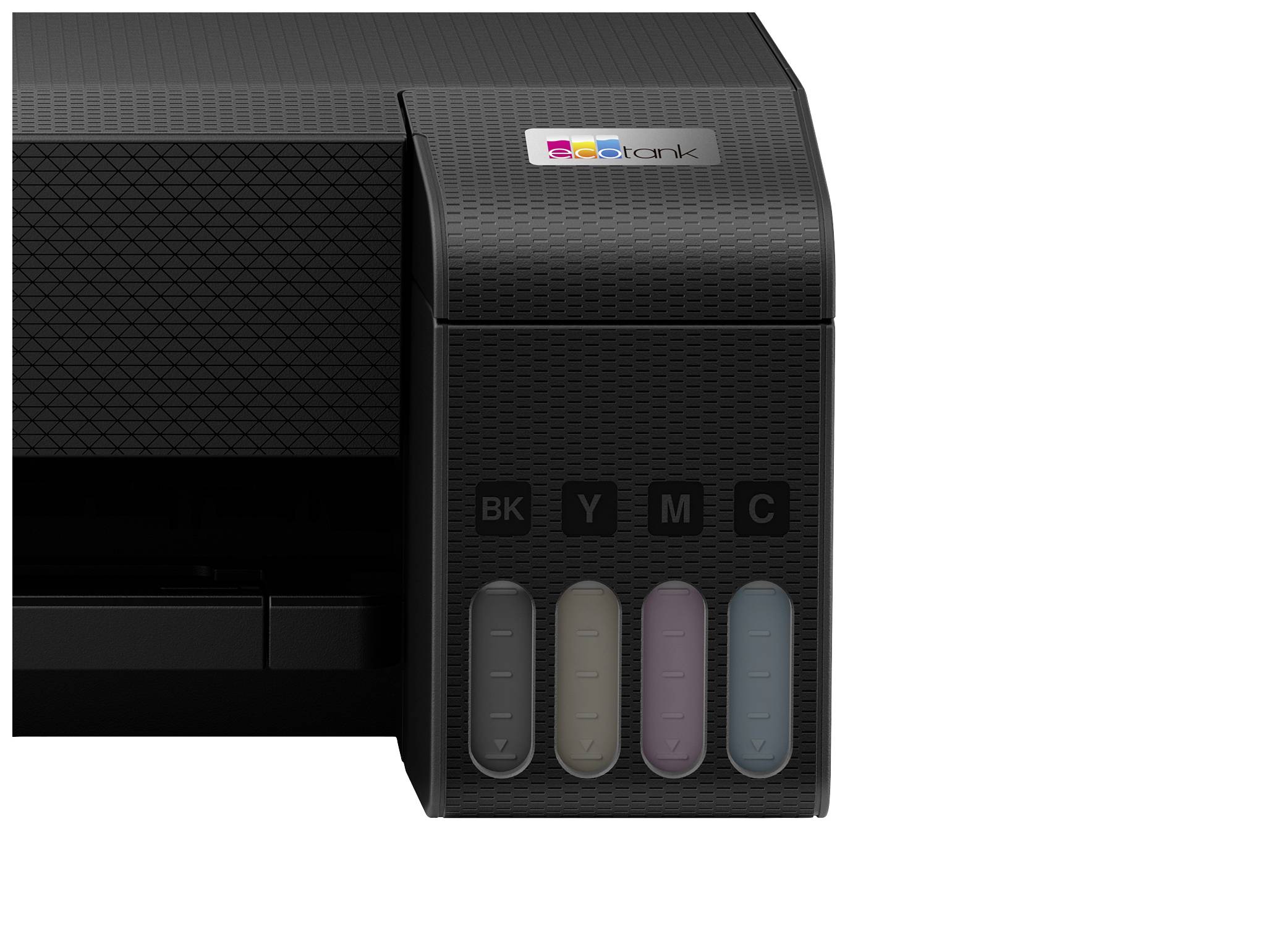 Una stampante con sistema EcoTank che mostra quattro serbatoi di inchiostro colorati: Nero (BK), Giallo (Y), Magenta (M) e Ciano (C).