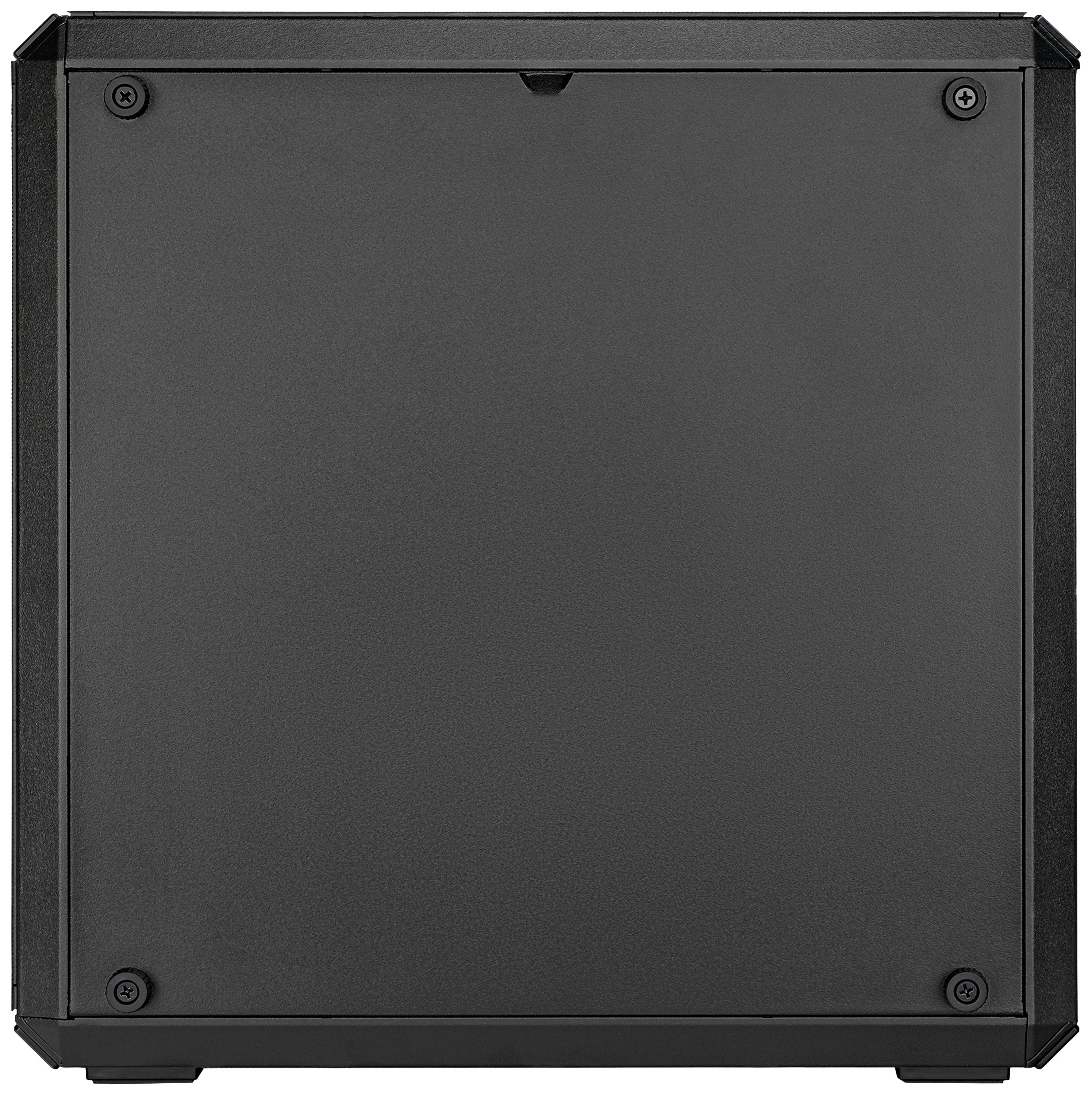 Superficie nera e rettangolare di un case per PC con quattro viti visibili in corrispondenza di ogni angolo.