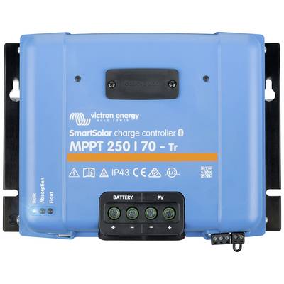 Regolatore di carica solare blu Victron Energy con la scritta 'SmartSolar charge controller MPPT 250/70 - Tr'. Connessioni nella parte inferiore.