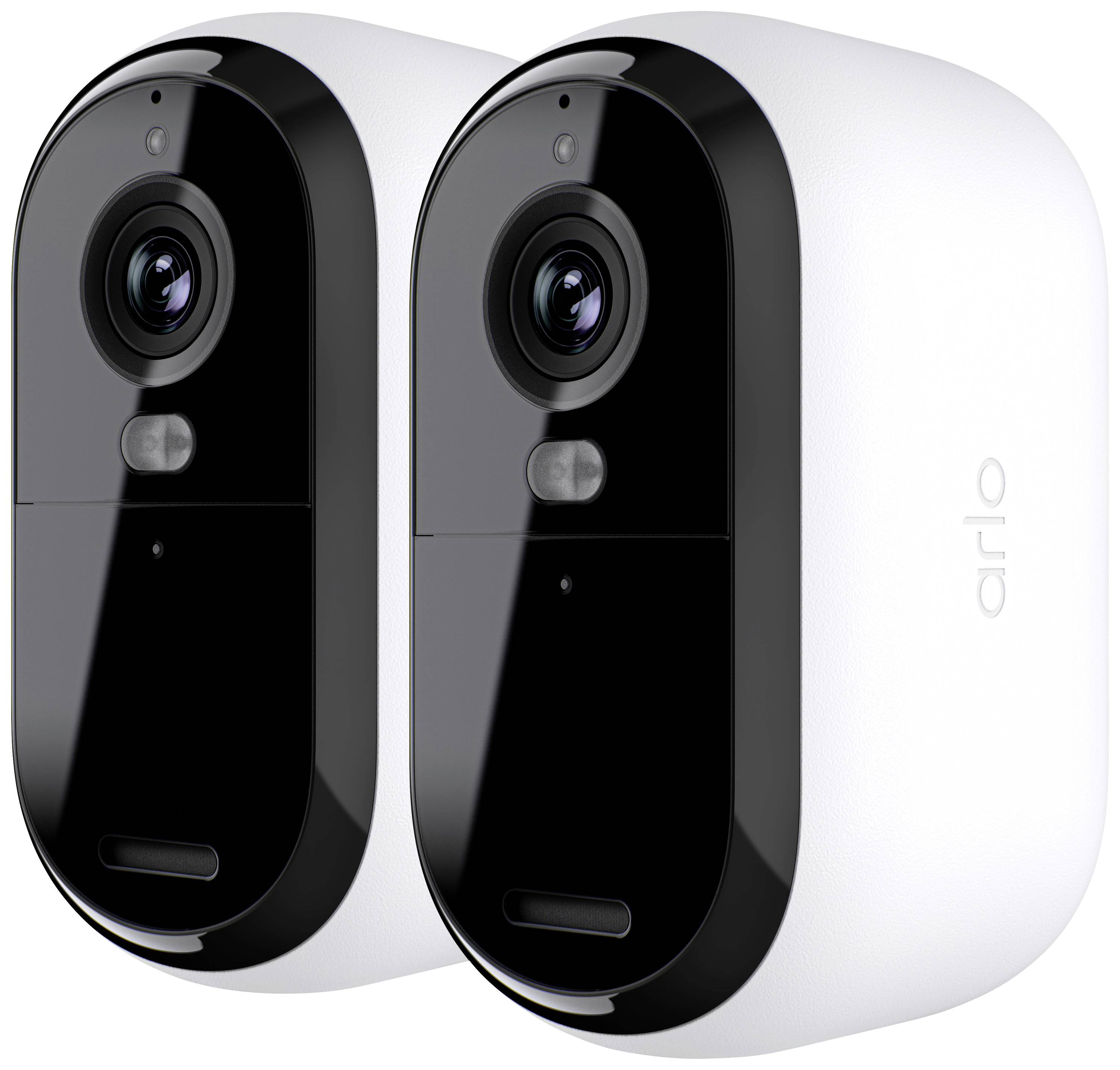 Due telecamere di sicurezza wireless con frontalini neri e involucri bianchi, adatte per uso interno ed esterno.