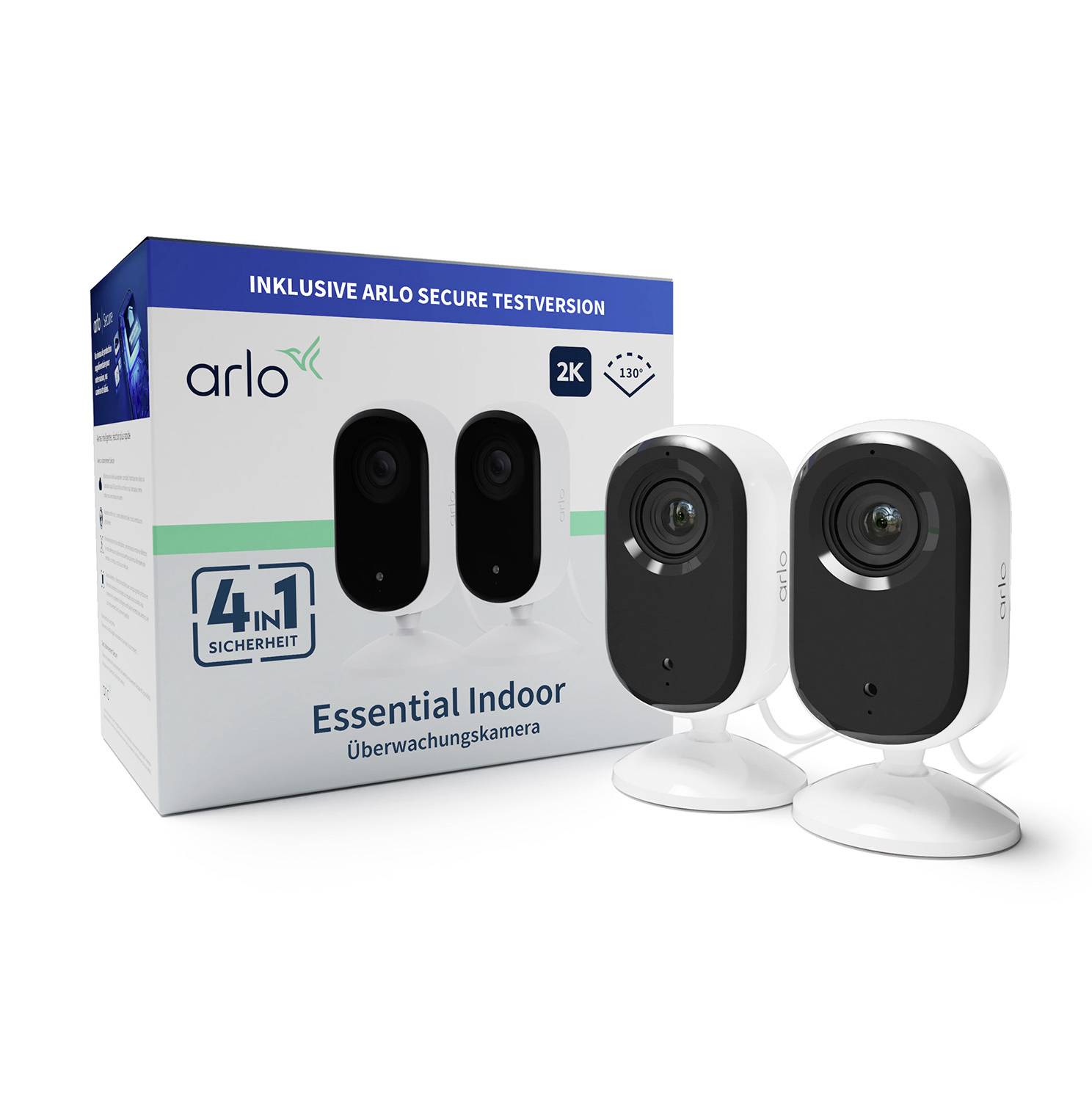 Due telecamere di sicurezza Arlo Essential Indoor 2K davanti alla confezione, che evidenzia funzionalità come sorveglianza e sicurezza 4 in 1.