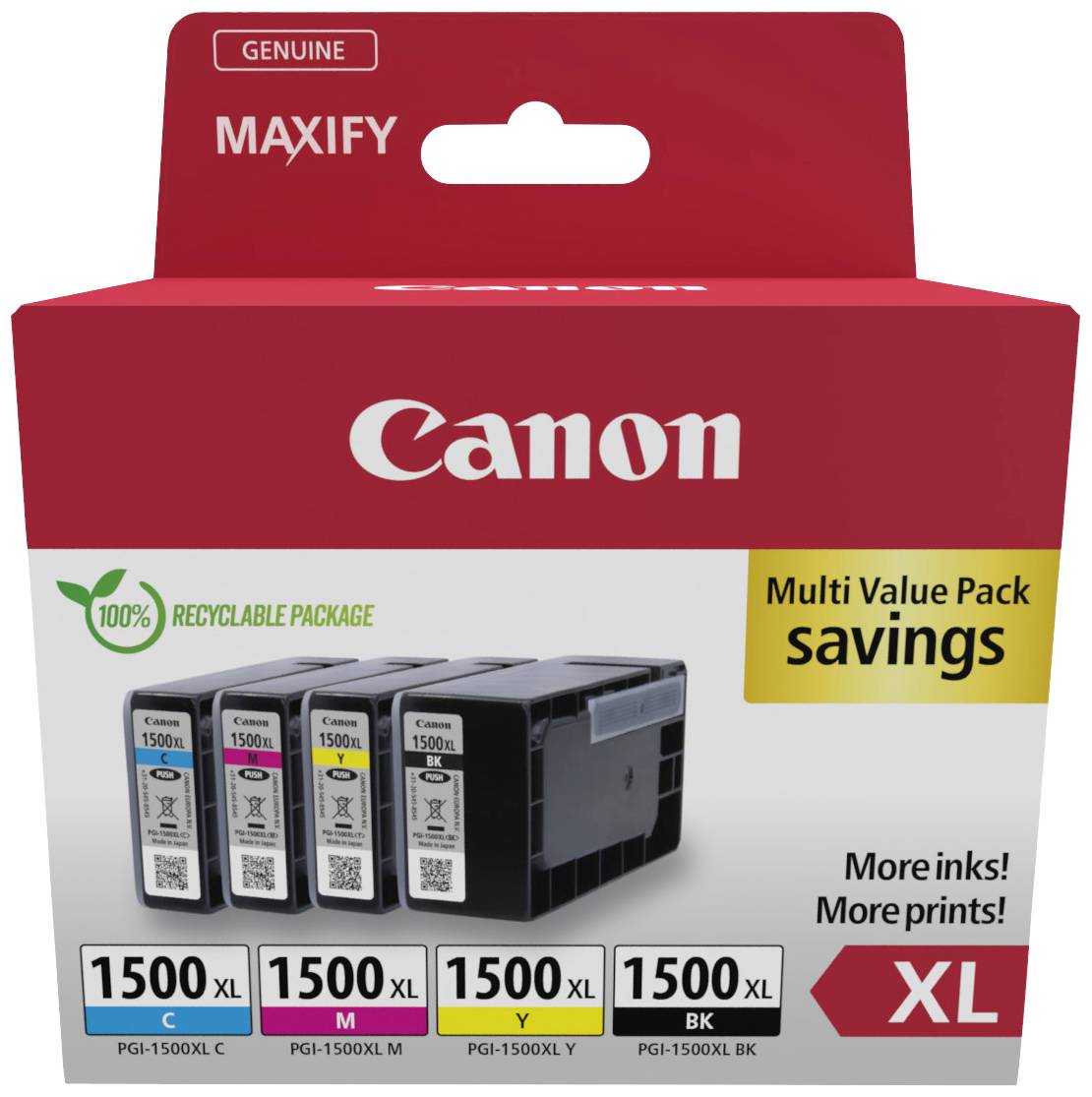 'Canon MAXIFY XL Cartucce d'inchiostro Multipack. Contiene 4 cartucce XL: Nero, Ciano, Magenta, Giallo. Compatibile con stampanti PGI-1500XL.'