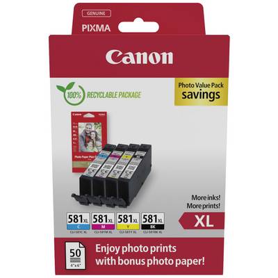 Confezione del prodotto per cartucce di stampa Canon; mostra cinque modelli di cartucce e un pacchetto bonus di carta fotografica. Confezione completamente riciclabile al 100%.