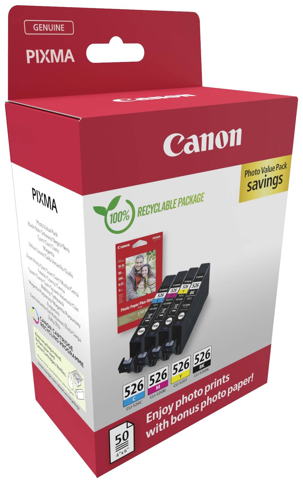Cartucce di inchiostro Canon PIXMA in una confezione rossa. Contiene tre cartucce: due nere, una a colori. Bonus: carta fotografica inclusa.