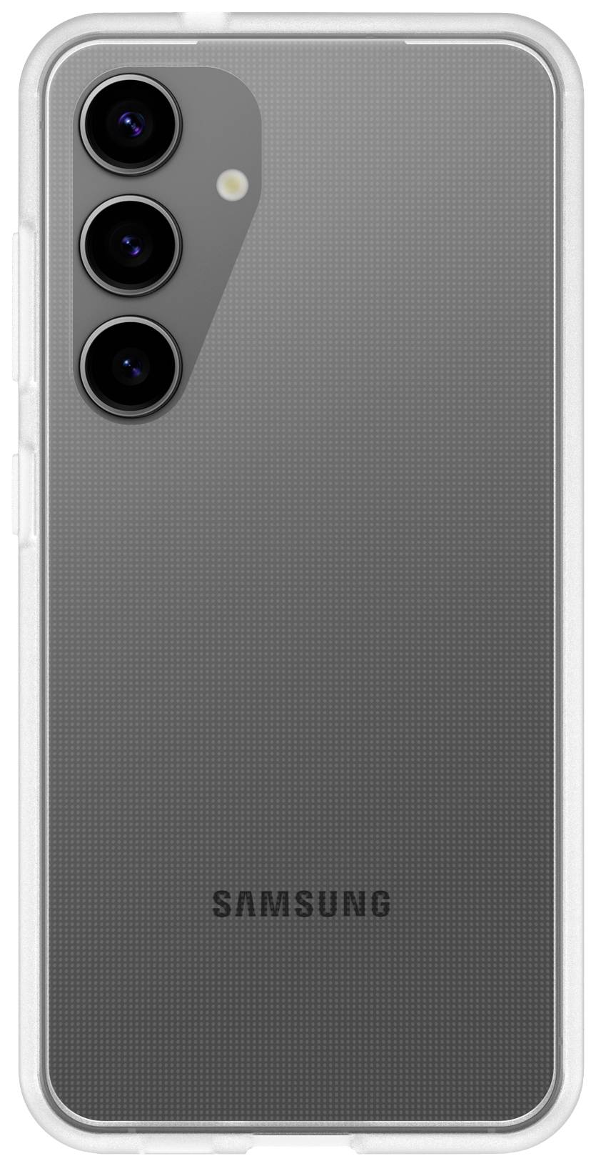 Un smartphone Samsung con custodia trasparente, mostra il retro con tre obiettivi fotografici disposti verticalmente.