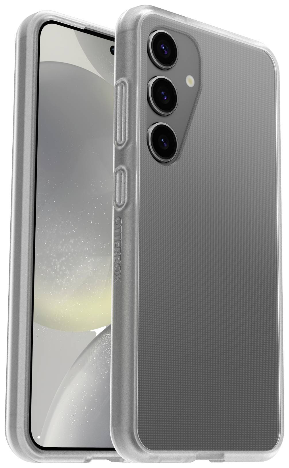 Smartphone in custodia trasparente con tre fotocamere posteriori e tasti laterali; lo schermo riflette la luce.