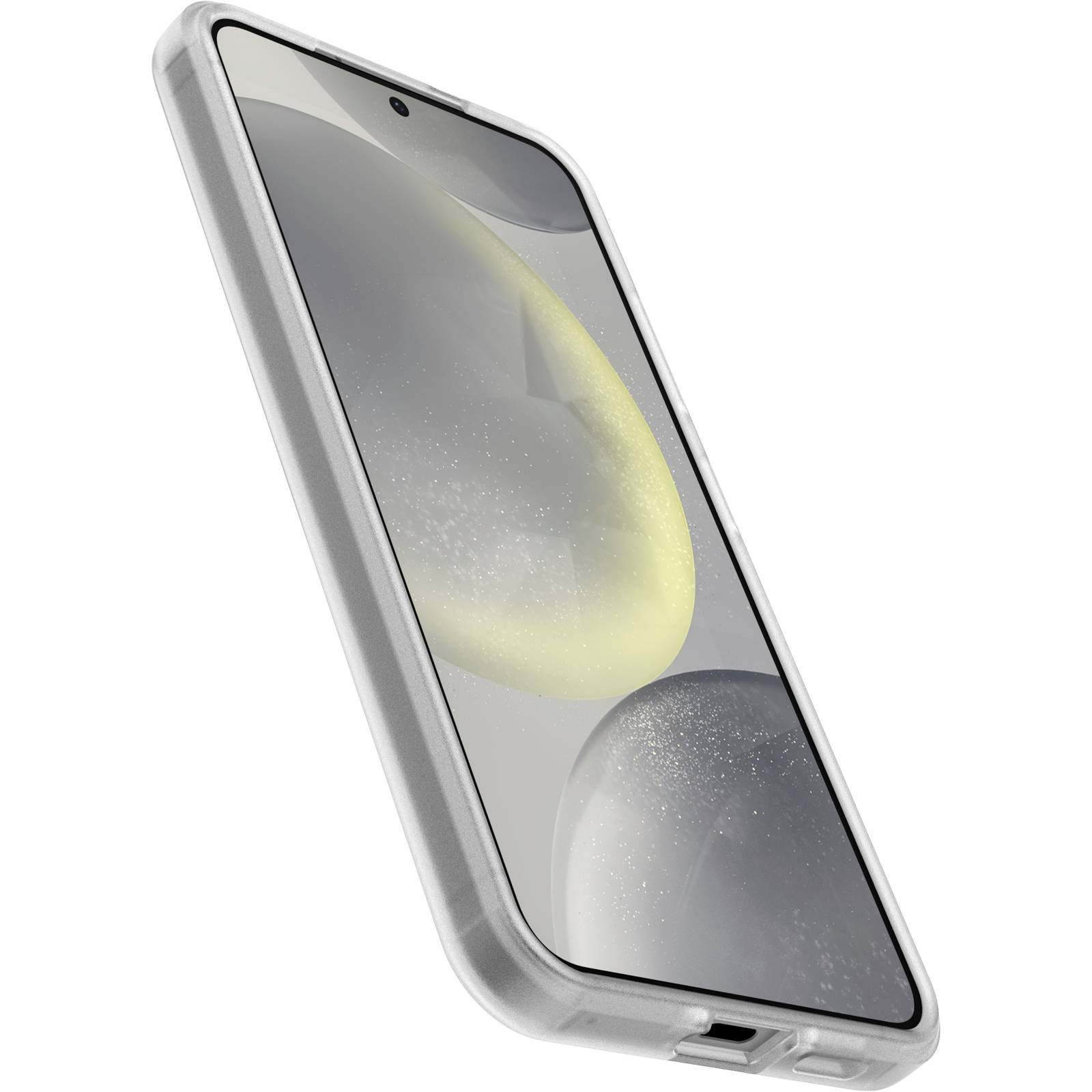 Smartphone con custodia protettiva trasparente, lo schermo mostra design astratti di sfere in grigio e giallo.