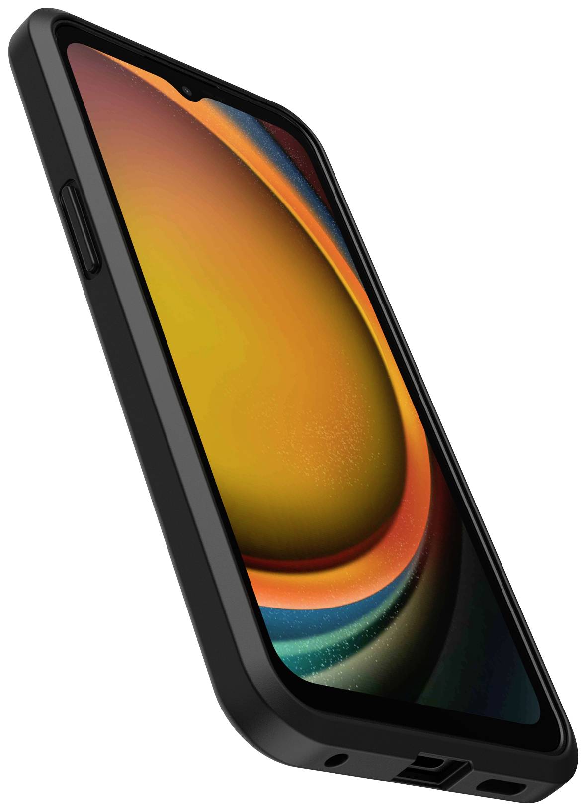 Un telefono nero con un design moderno, mostrato inclinato di lato. Lo schermo visualizza un pattern astratto in tonalità di arancione e giallo.