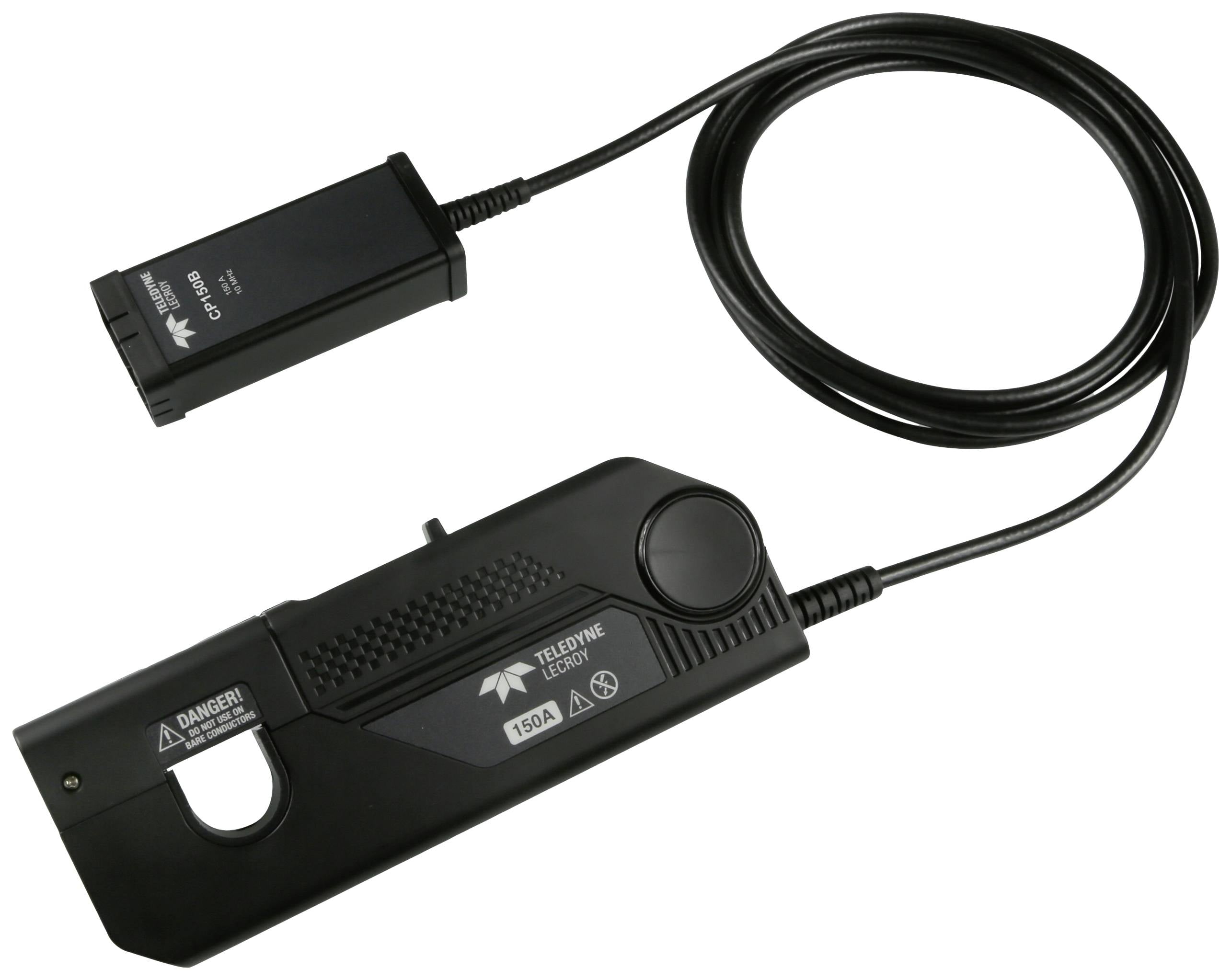 Pinza amperometrica 'Teledyne LeCroy' con cavo di collegamento. Il dispositivo principale ha un display di lettura e avvisi. La pinza è di colore nero.