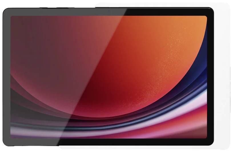 Un tablet con cornice nera mostra un'immagine astratta in tonalità di rosso e blu sullo schermo.