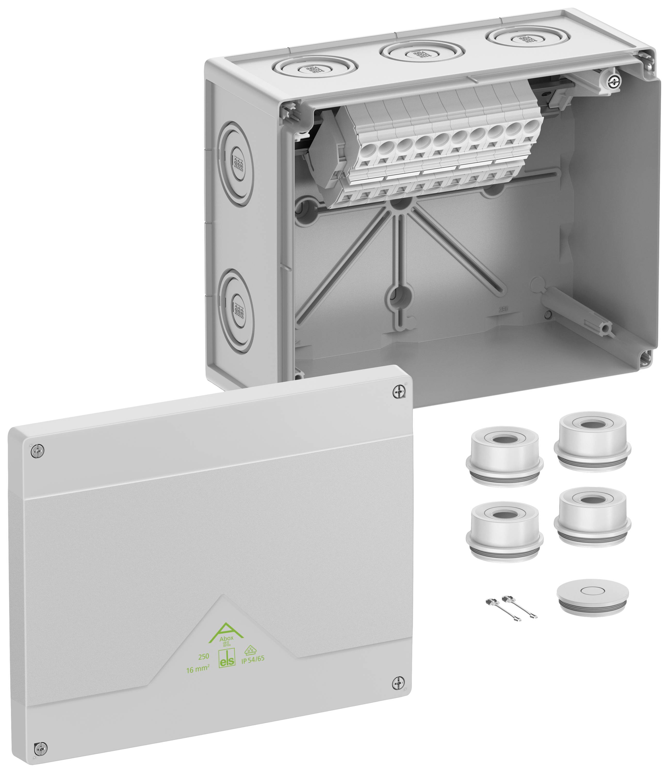 Custodia elettrica grigio-trasparente con coperchio aperto e pressacavi, idonea per proteggere connessioni elettriche.