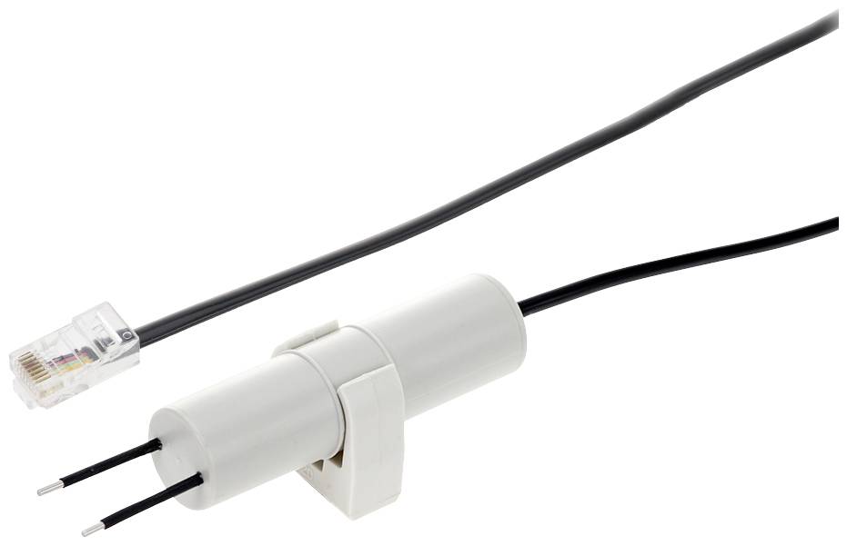 Sensore di temperatura bianco con due spinotti metallici e cavo nero, terminante in un connettore RJ11 trasparente.