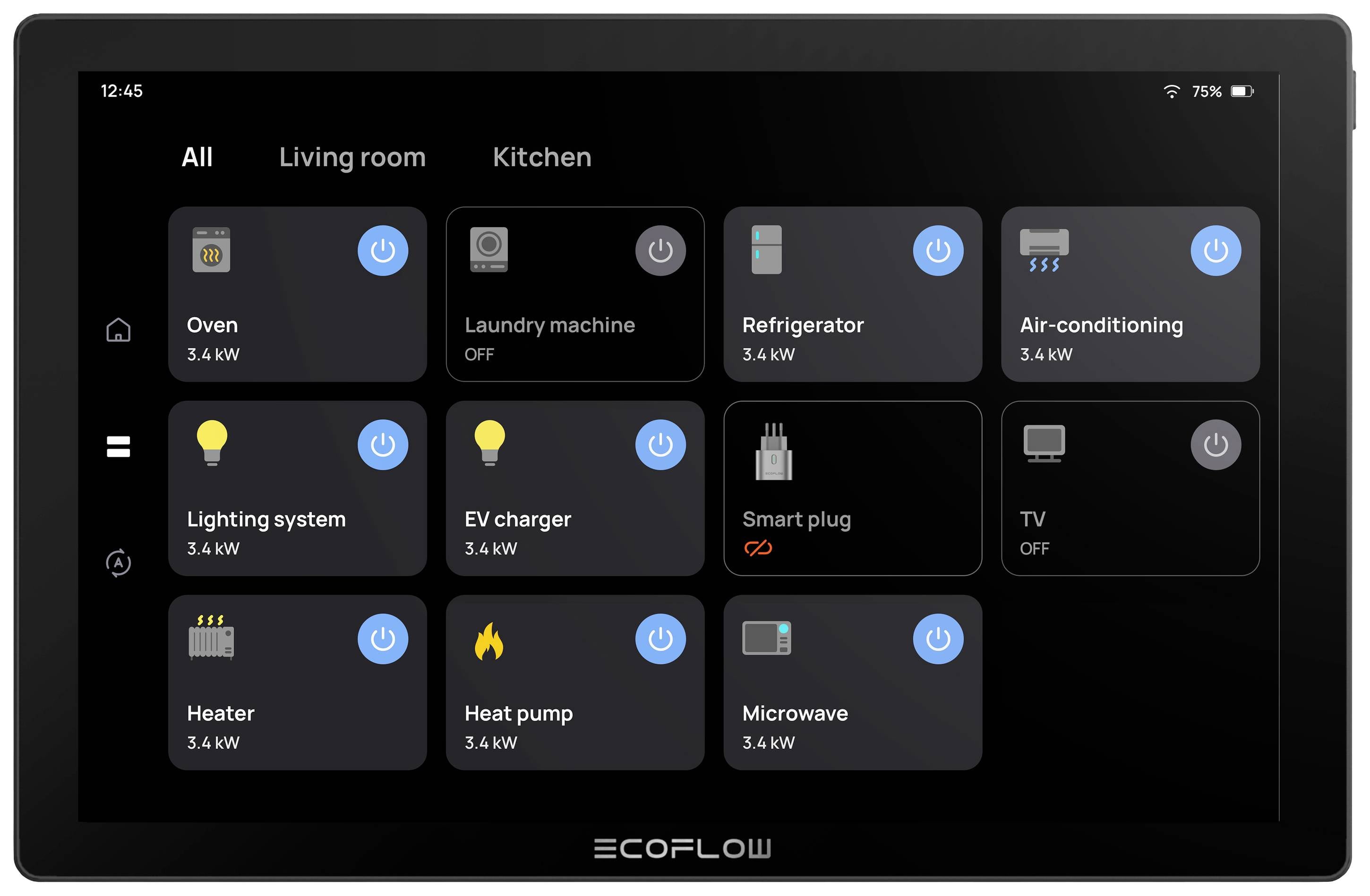 Tablet con app di monitoraggio energetico. Mostra gli elettrodomestici in casa con il rispettivo consumo di energia: forno, frigorifero, condizionatore e altri.