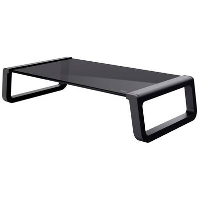 Un supporto per monitor nero con piano in vetro rettangolare e gambe robuste in plastica. Ideale per sollevare gli schermi dei monitor.