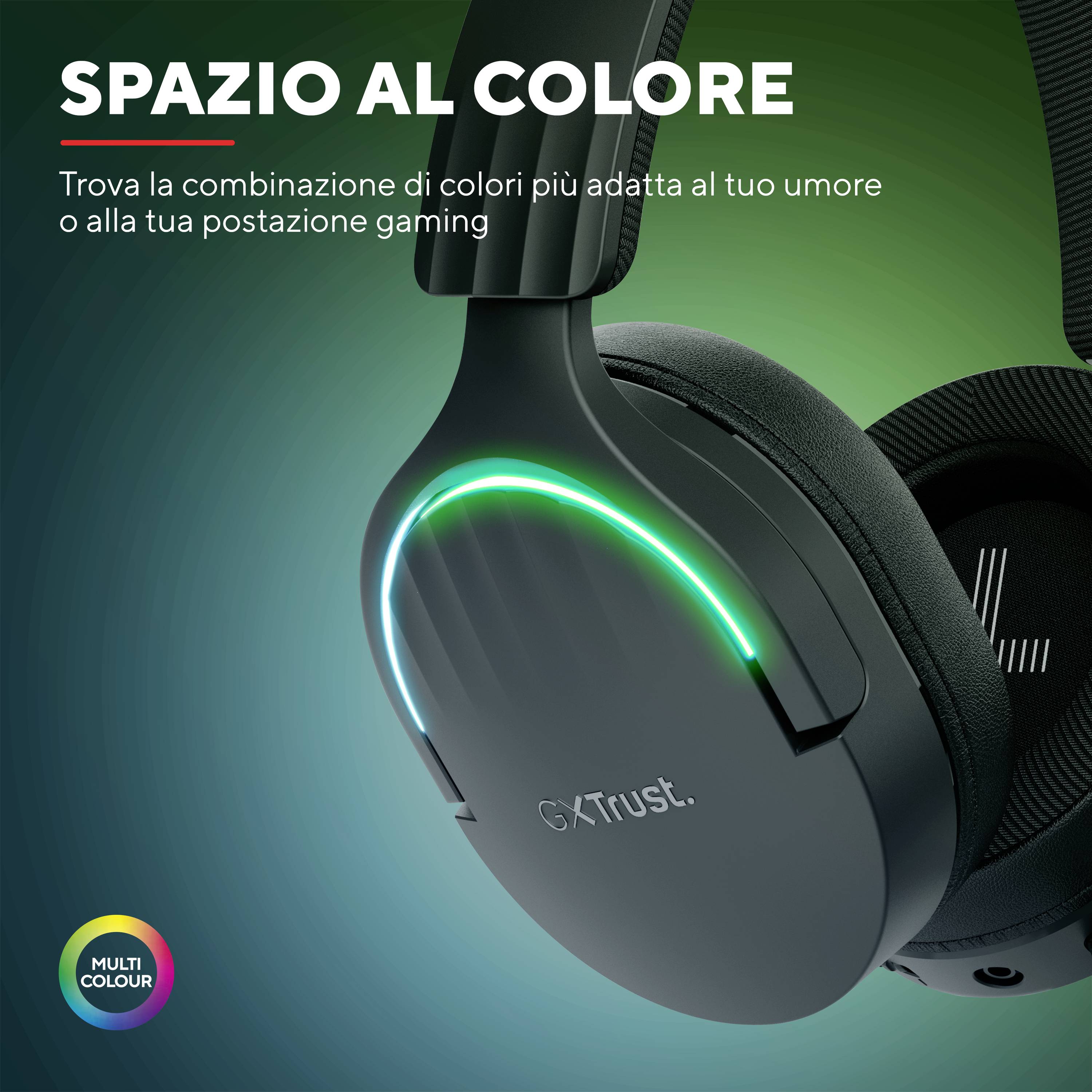 "Farbe bekennen" mostra un paio di cuffie da gaming con illuminazione LED colorata, adatte a diversi setup di gioco.