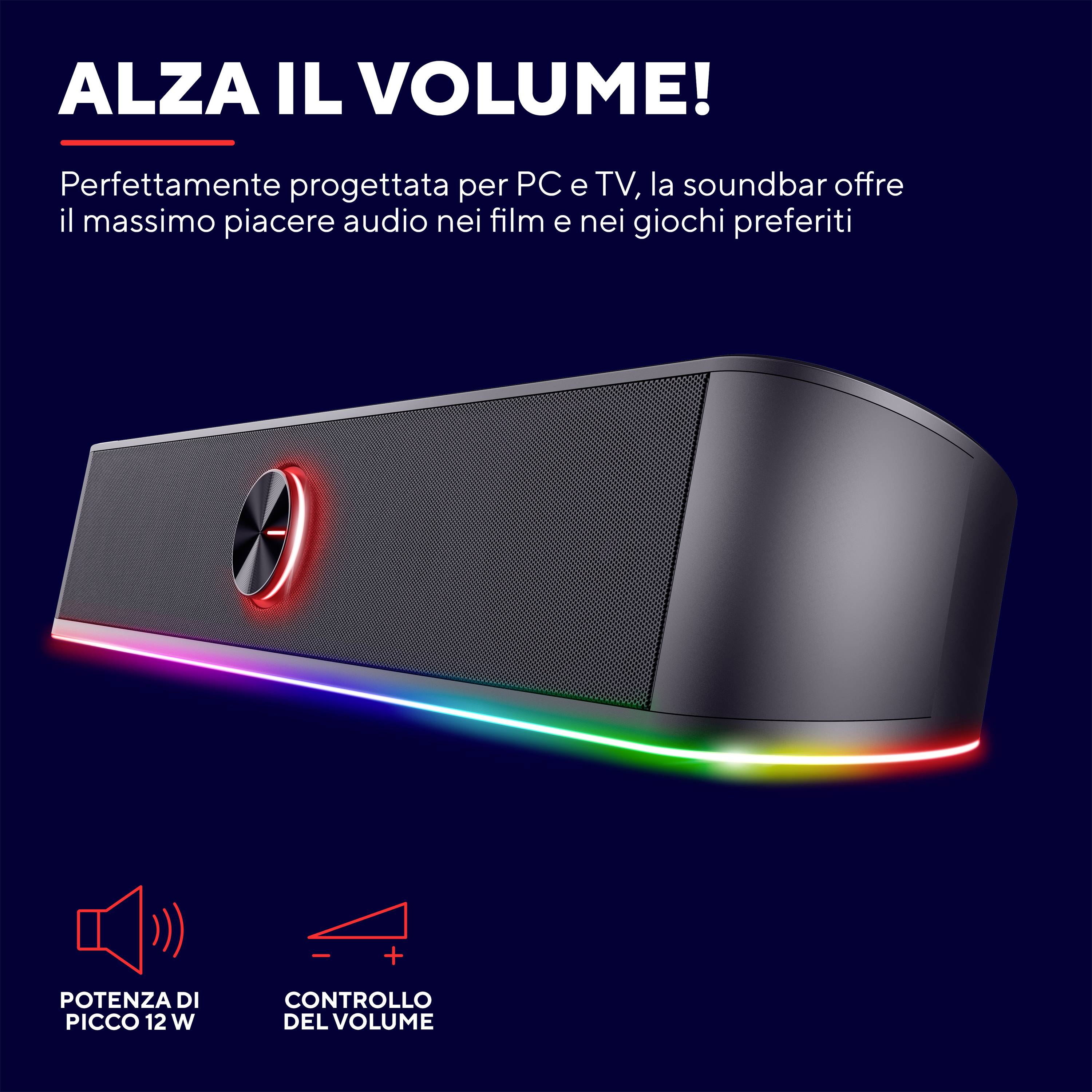 Una soundbar nera con illuminazione LED e testo 'Goditi il suono! 12 W di potenza di picco, controllo del volume.'