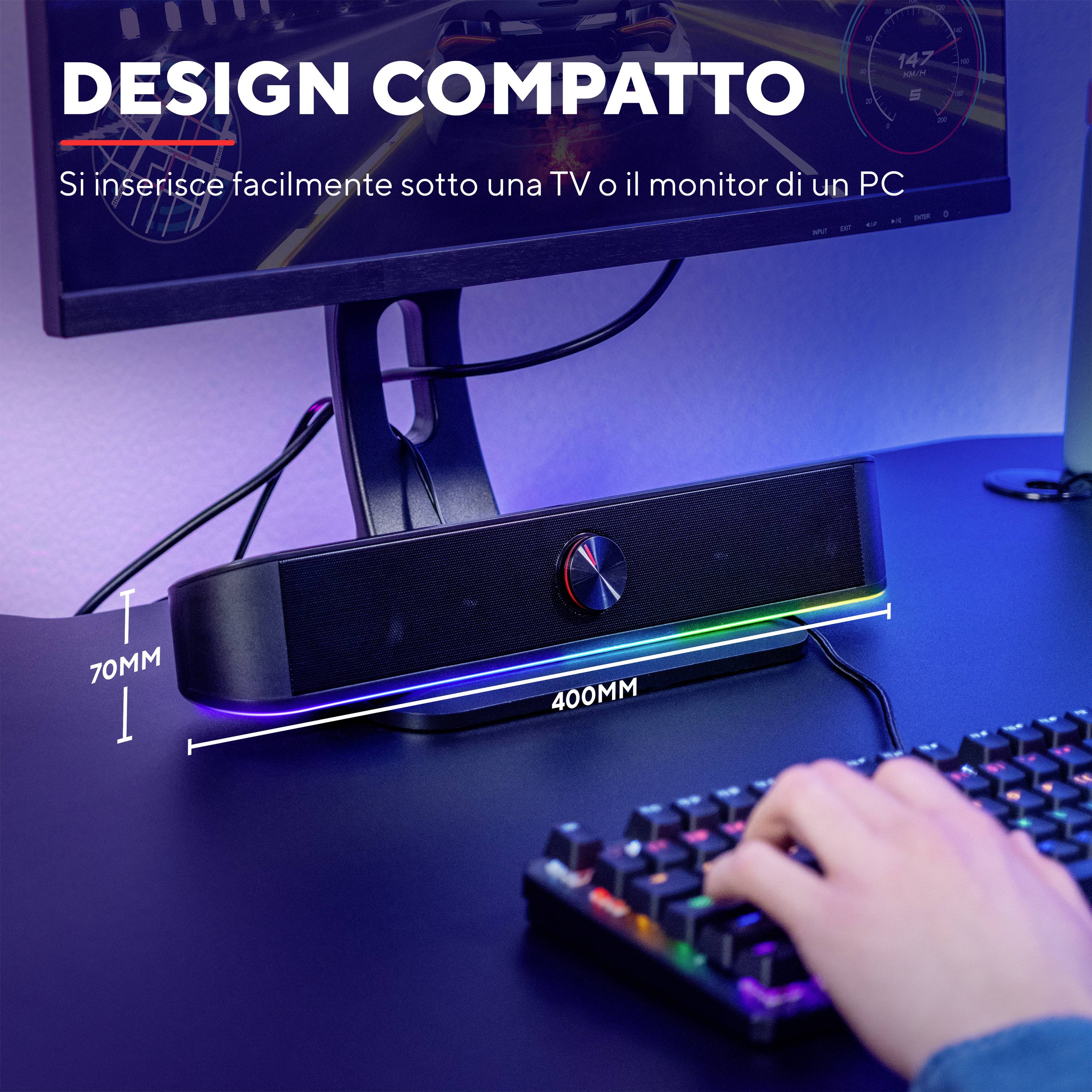 Soundbar sotto un monitor PC su una scrivania. Testo: 'Design compatto', misura 70 mm di altezza e 400 mm di larghezza.