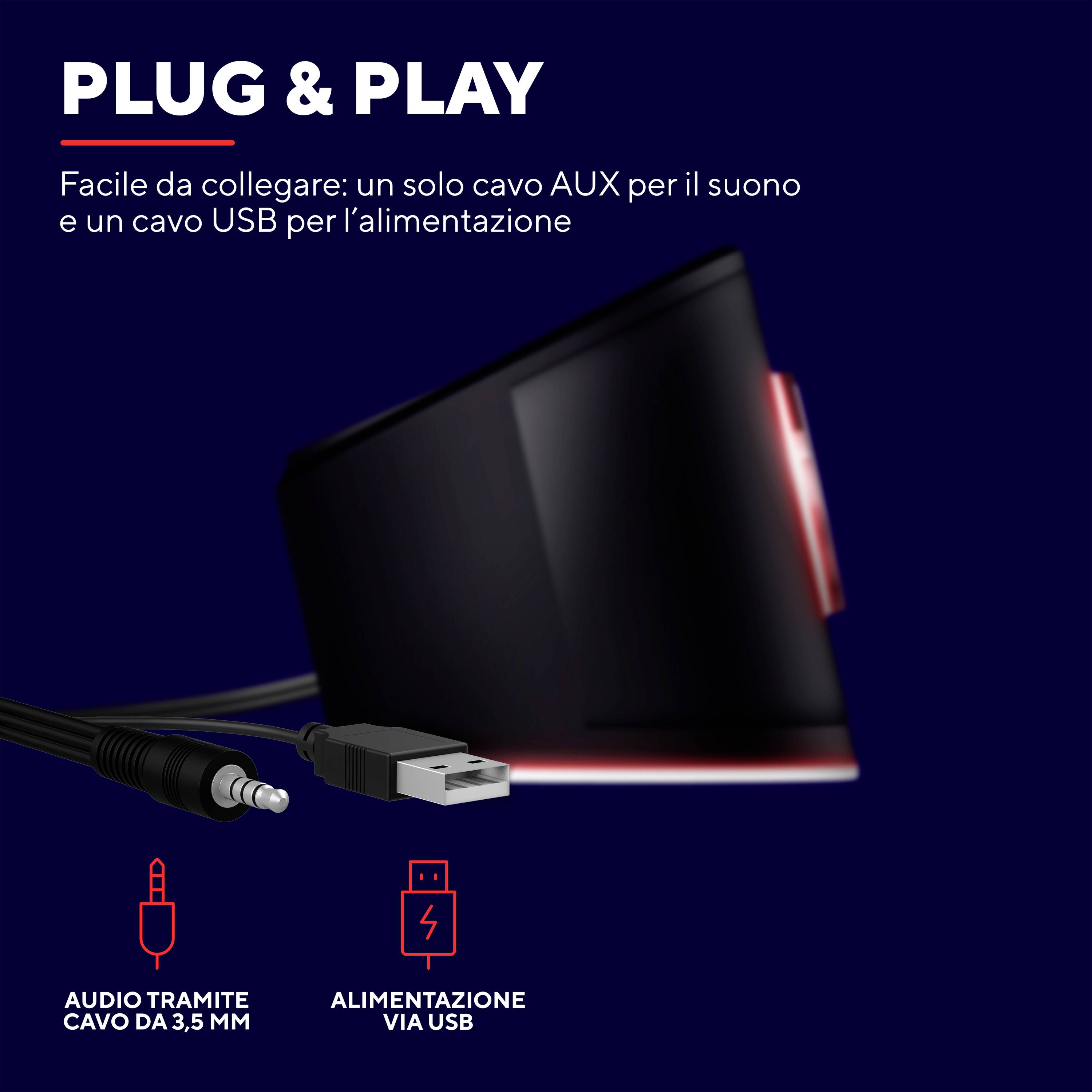 'Plug & Play': Un dispositivo con collegamento semplice: audio tramite cavo AUX da 3,5 mm e alimentazione tramite cavo USB.