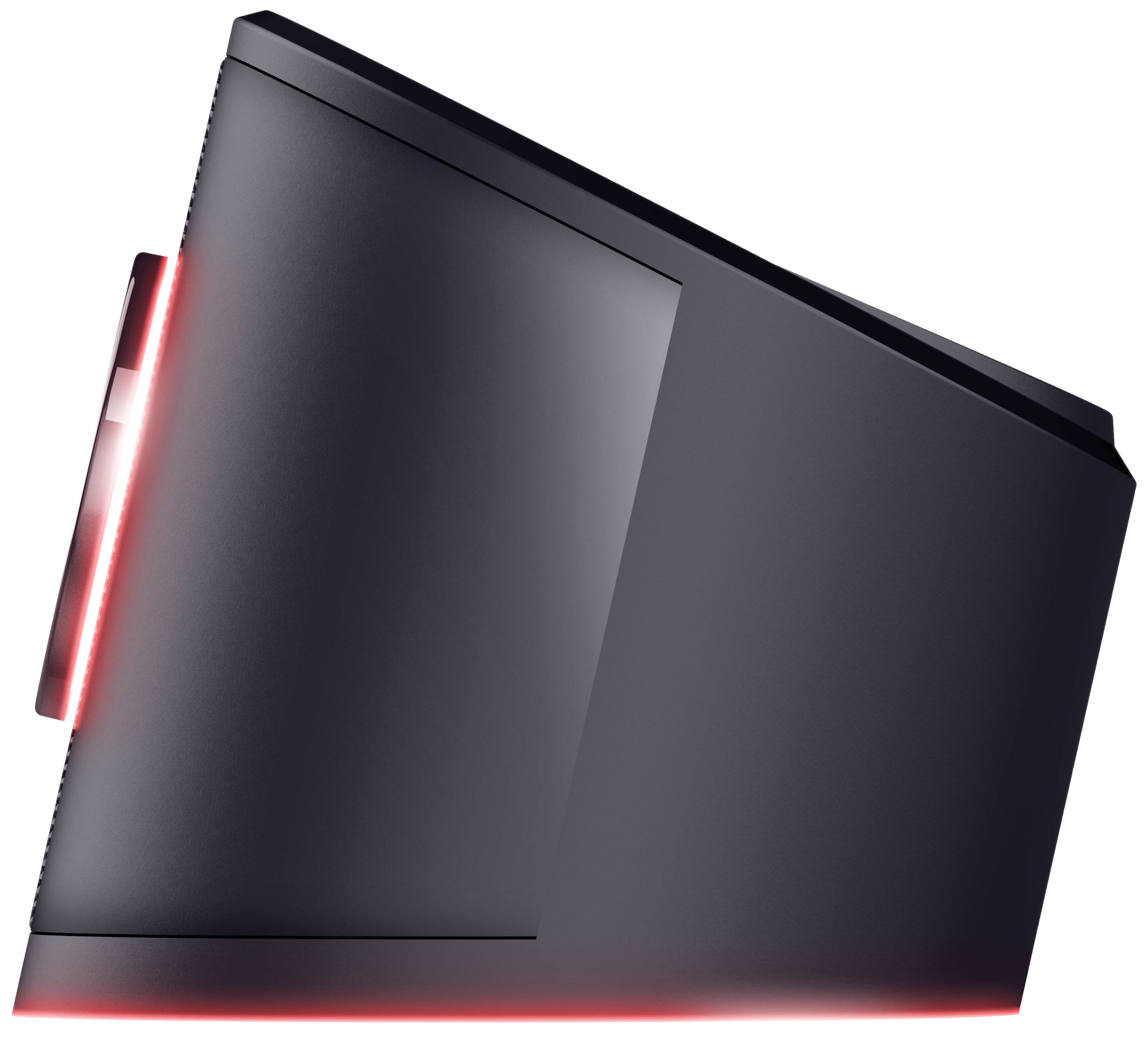 Vista laterale di un case per PC da gaming nero con illuminazione LED rossa sui bordi, design moderno e minimalista.