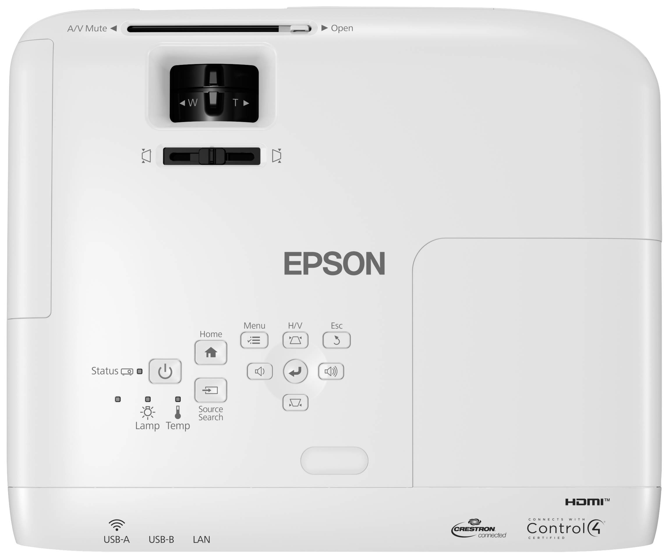 Proiettore dall'alto, marca Epson, con connessioni e pulsanti di controllo. Tasti visibili per Home, Menu, Sorgente e Impostazioni dell'immagine.