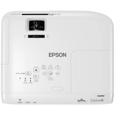 Un proiettore bianco Epson con pulsanti di controllo sulla parte superiore, inclusi i comandi del volume e un indicatore di stato.