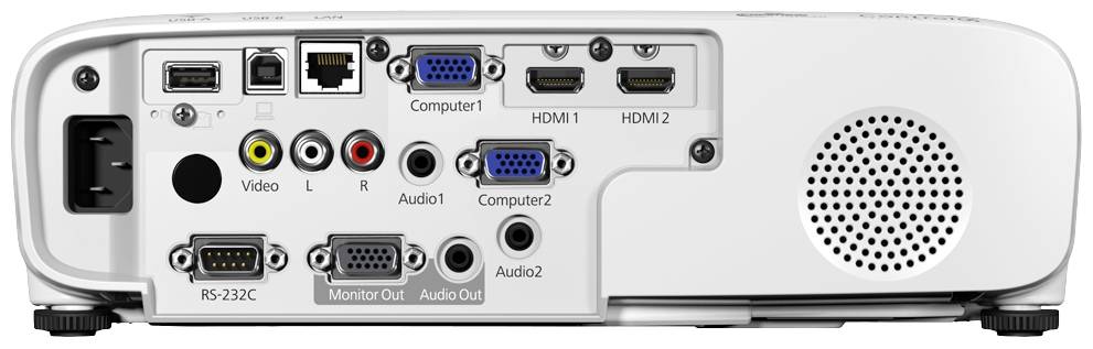 Vista posteriore di un proiettore con porte: HDMI, VGA, Audio, Video, RS-232C e USB. Altoparlante sul lato destro.