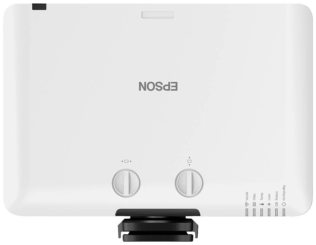 Un proiettore bianco Epson è visibile dall'alto. Ha due manopole di regolazione e diverse opzioni di connessione sul lato destro.