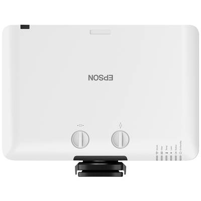 Un proiettore bianco Epson è visibile dall'alto. Ha due manopole di regolazione e diverse opzioni di connessione sul lato destro.