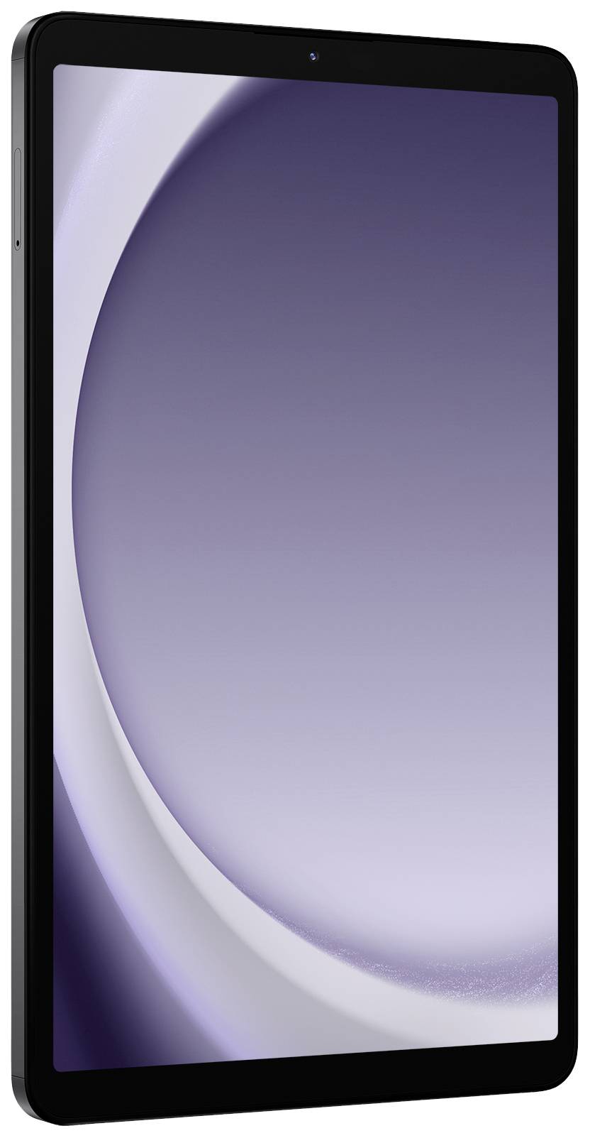 Un tablet moderno con cornice scura e schermo viola, visto di lato.