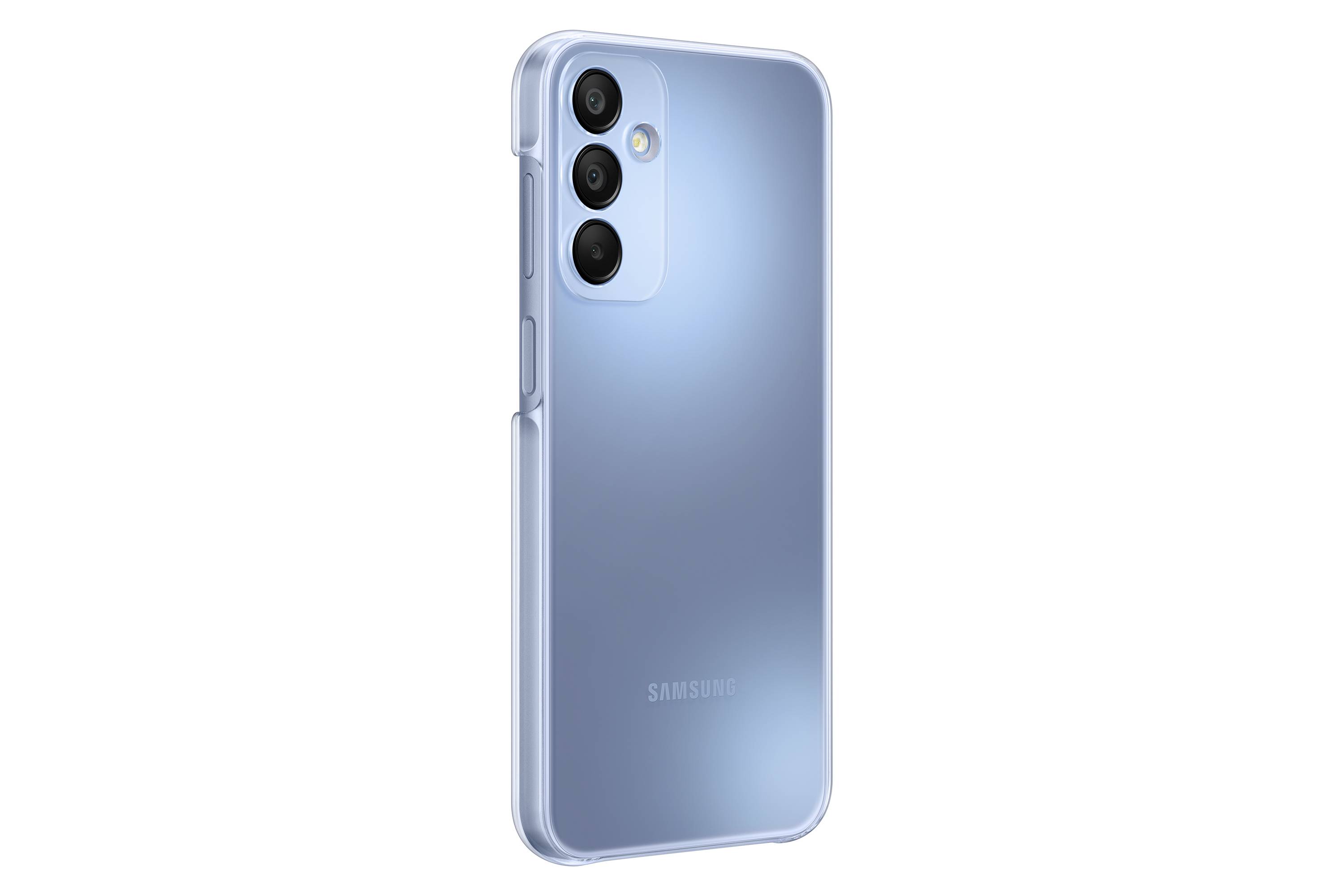 Un telefono cellulare Samsung con tre fotocamere sul retro, con un involucro blu.