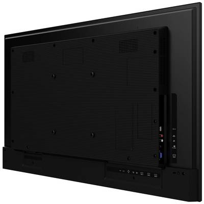 Vista posteriore di un grande televisore piatto nero, che mostra le porte di connessione e le fessure di ventilazione. Lo schermo non è visibile.