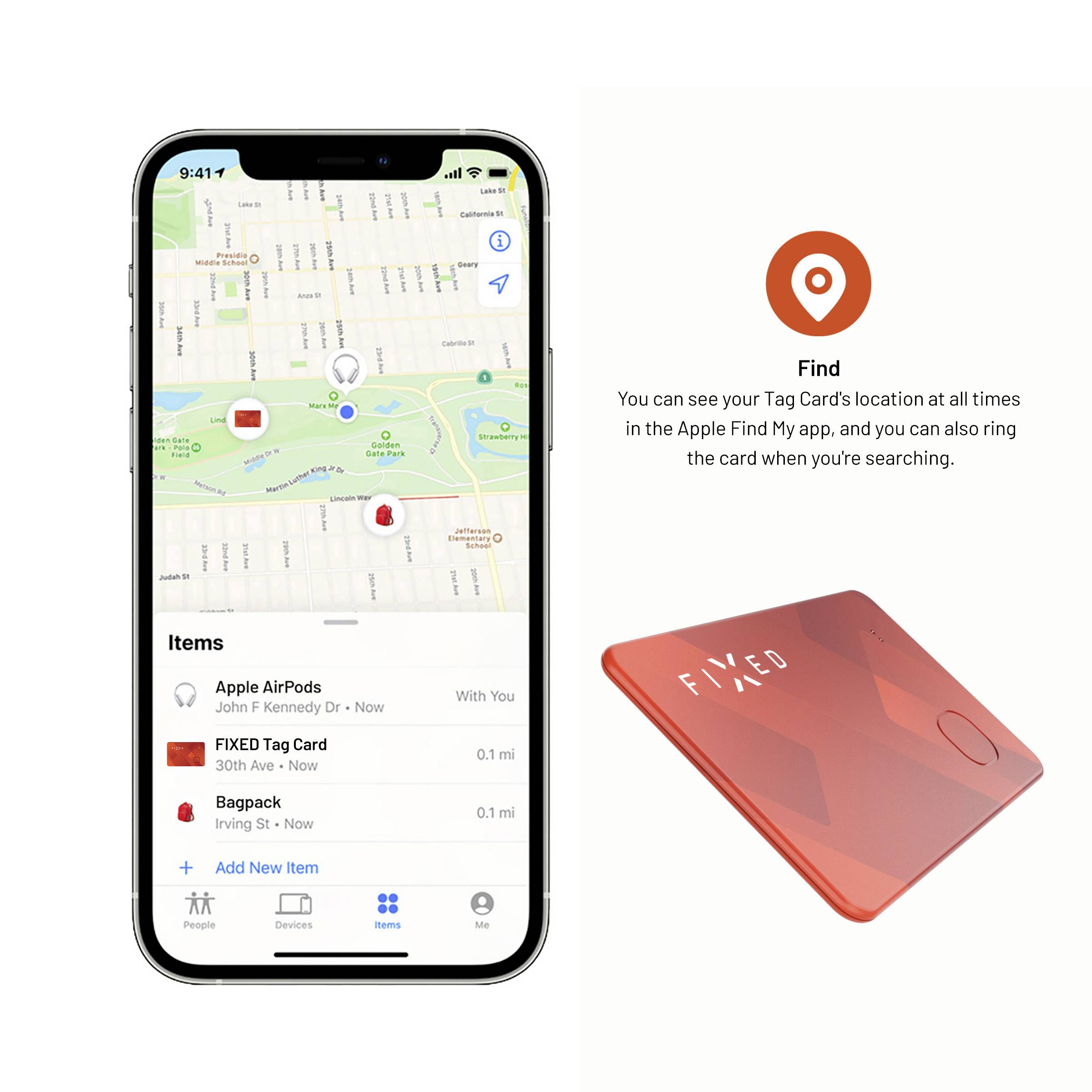 Uno smartphone mostra una mappa dell'app con le posizioni di Apple AirPods e FIXED Tag Card. Accanto, sulla destra, è raffigurata la tessera FIXED Tag Card rossa.