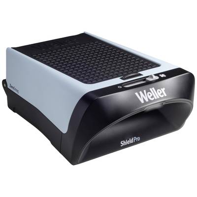 Un dispositivo elettronico con la scritta 'Weller Shield Pro', prevalentemente nero con dettagli blu, adibito alla filtrazione dell'aria.