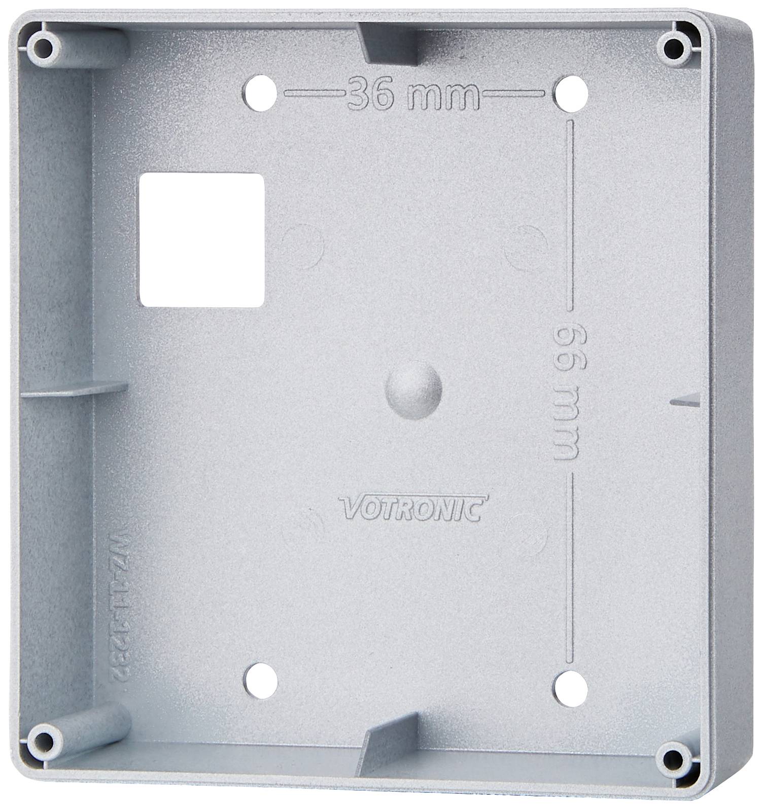 Custodia in plastica con scritta '36 mm' e '66 mm', indica le dimensioni per componenti elettronici. Forma rettangolare con fessure di montaggio.