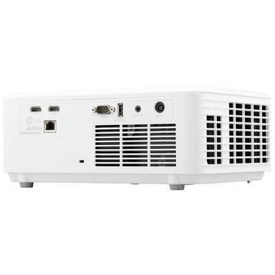Un proiettore bianco con diverse porte sulla parte posteriore, tra cui porte HDMI e USB. Sono visibili le fessure di ventilazione.