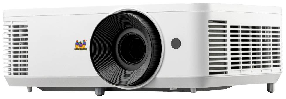 Un proiettore bianco con feritoie di ventilazione e un'ampia lente, adatto per presentazioni o applicazioni home cinema.